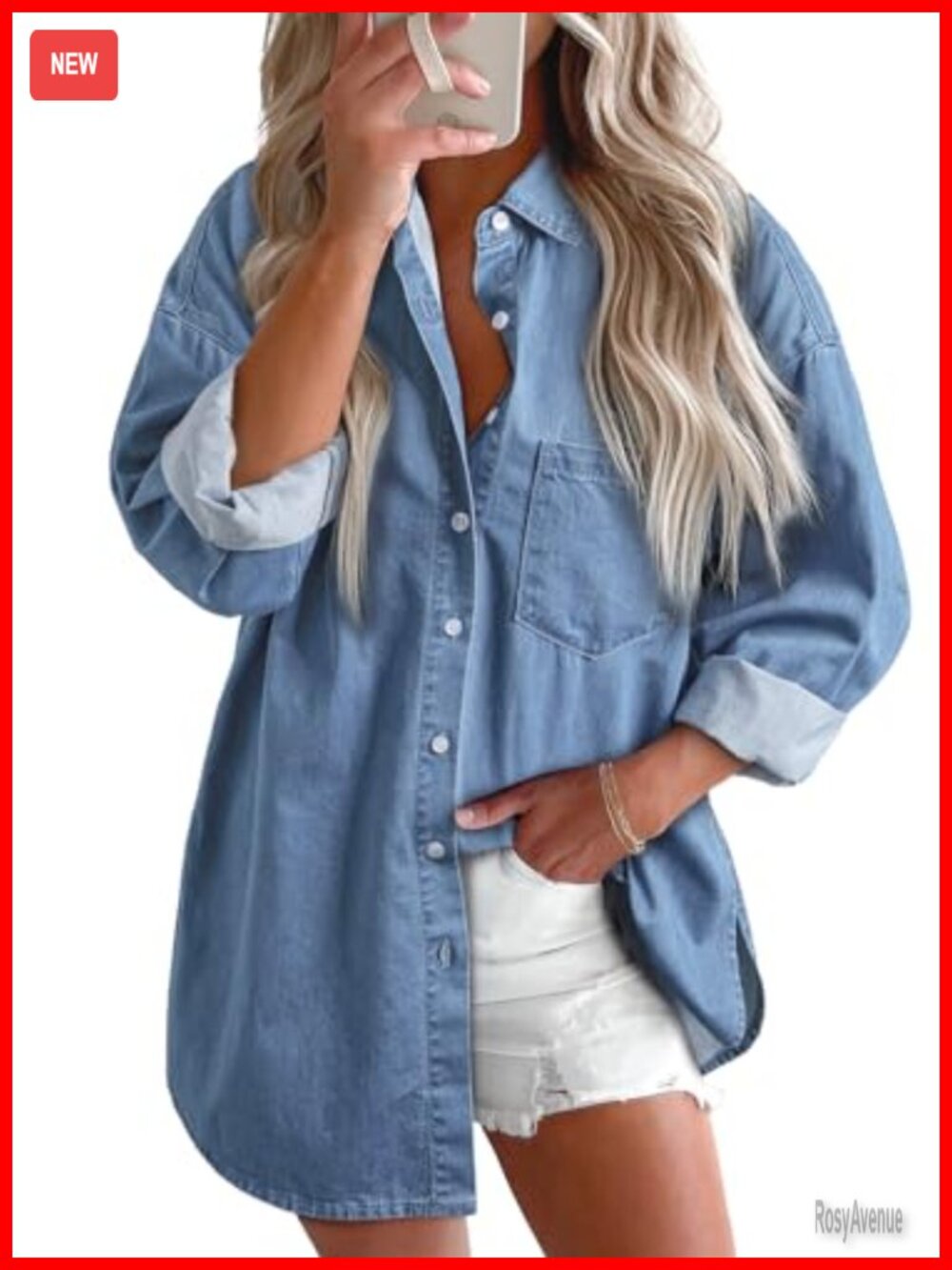 Women's Denim Button Down Shirt Long Sleeve Boyfriend Style Casual Chambray
